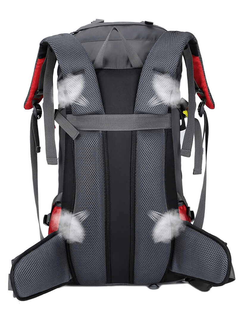 Back view of large travel backpack with breathable mesh padding, ideal for both women and men, featuring ergonomic support.